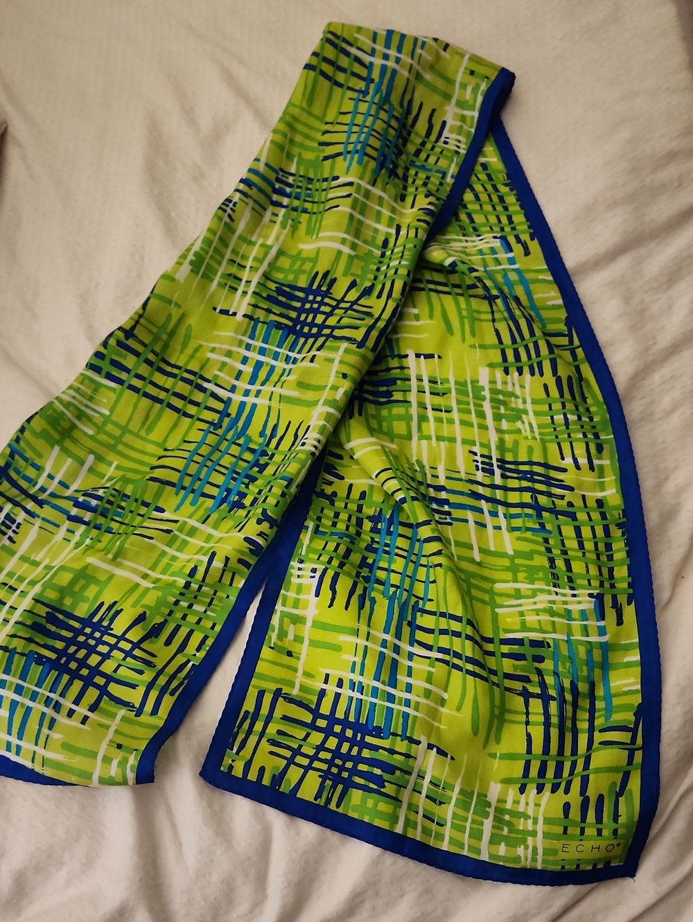 Echo Green Blue Abstract Plaid Silk Scarf